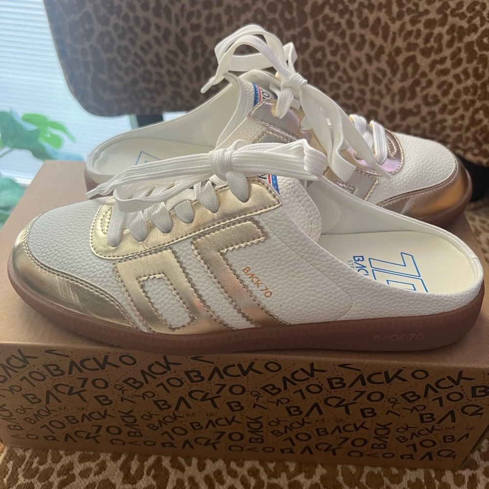White and Gold 
 Sneakers with Low-Top Design